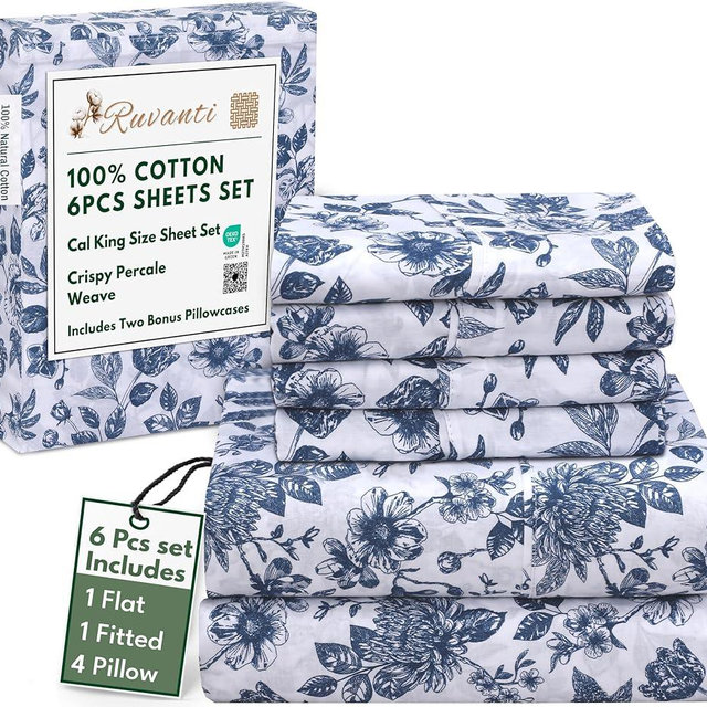 RUVANTI 6 Pcs Cotton Sheets - 100% Natural Cotton Soft, Lightweight & Breathable Crispy Percale Bed Sheets, California King Sheet Sets 14" Deep Pockets, Wild Flower