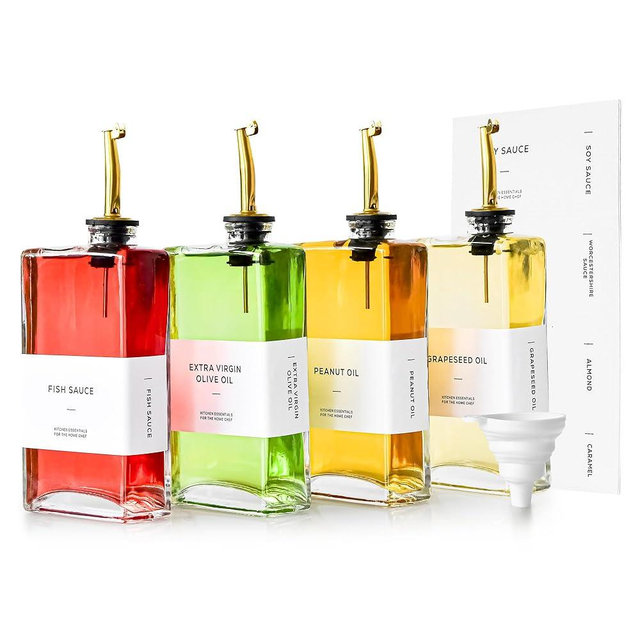 sweet grain Olive Oil Dispenser Bottle for Kitchen(4 Pack) - 17oz/500ml Oil And Vinegar Dispenser with 36 Labels and Silicone Funnel, Glass Soy Sauce Dispenser - Gold