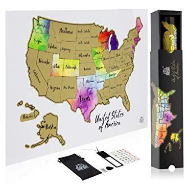 Scratch Off Map Of The United States In STUNNING WATERCOLOR Poster - Your 12 x 18 USA Map Has Easy Scratch Off Gold Foil And Reveals All US States - Gorgeous Full Color Gift Box Included