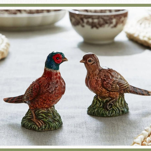 Spode 3.5" Pheasant-Shaped Salt and Pepper Shakers - Dolomite Ceramic Farmhouse Décor for Formal Dining, Decorative Salt & Pepper Set with Easy Refill Bottom Stoppers, Ideal for Thanksgiving Table