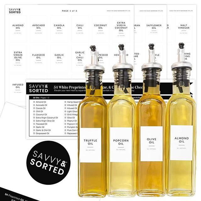 White Oil Labels for Bottles | Minimalist Pantry Labels Preprinted for Oil Dispenser Bottles | Oil Label Pantry Stickers | Oil Bottle Stickers | Kitchen Organization Waterproof Oil Bottle Labels