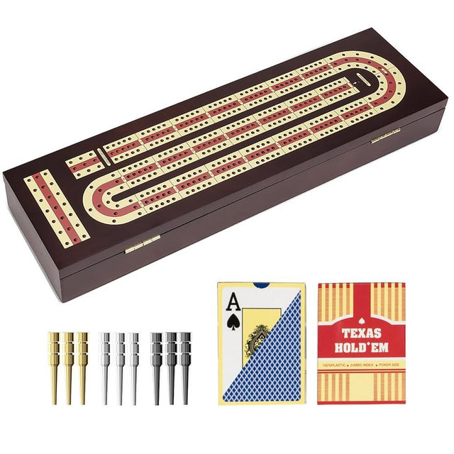 Cribbage Board Game Set, Premium Wooden Board with Magnetic Lock and Metal Pegs, 2 Playing Cards, and Large Storage - Travel-Friendly Continuous 3 Track Board