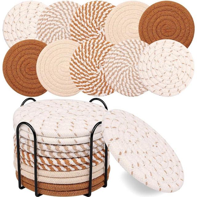 Mckanti 10 Pcs Drink Coasters with Holder, 5 Colors Absorbent Coasters for Drinks, Minimalist Boho Coasters Cotton Woven Coaster Set for Home Decor Tabletop Protection Suitable for Kinds of Cups