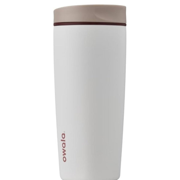 Owala SmoothSip Slider Insulated Stainless Steel Coffee Tumbler, Reusable Iced Coffee Cup, Hot Coffee Travel Mug, BPA Free 20 oz, Tan/White (Vanilla Bean)