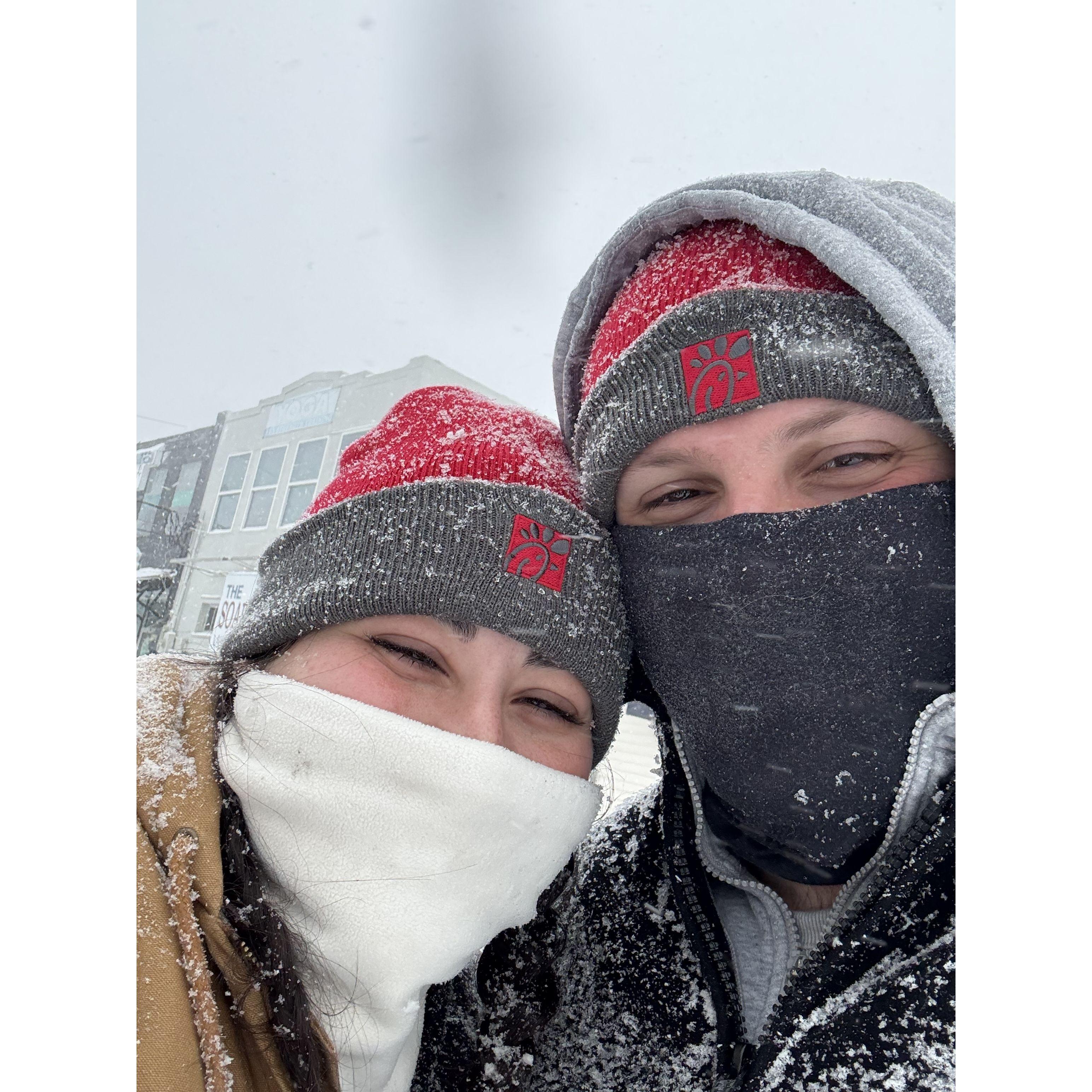 Snow Day... peep the matching Chick-Fil-A hats again!