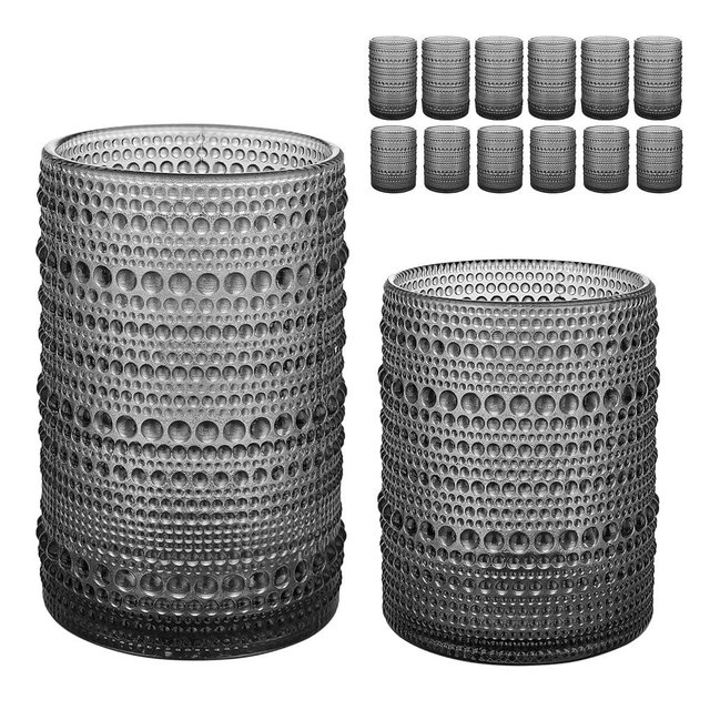 HomeVogue Hobnail Drinking Glasses Set of 12, 12oz & 15oz Vintage Glassware Set Cocktail Glass Set, Embossed Gray Water Tumbler,for Beer, Whiskey,Juice and Various Mixed Drinks