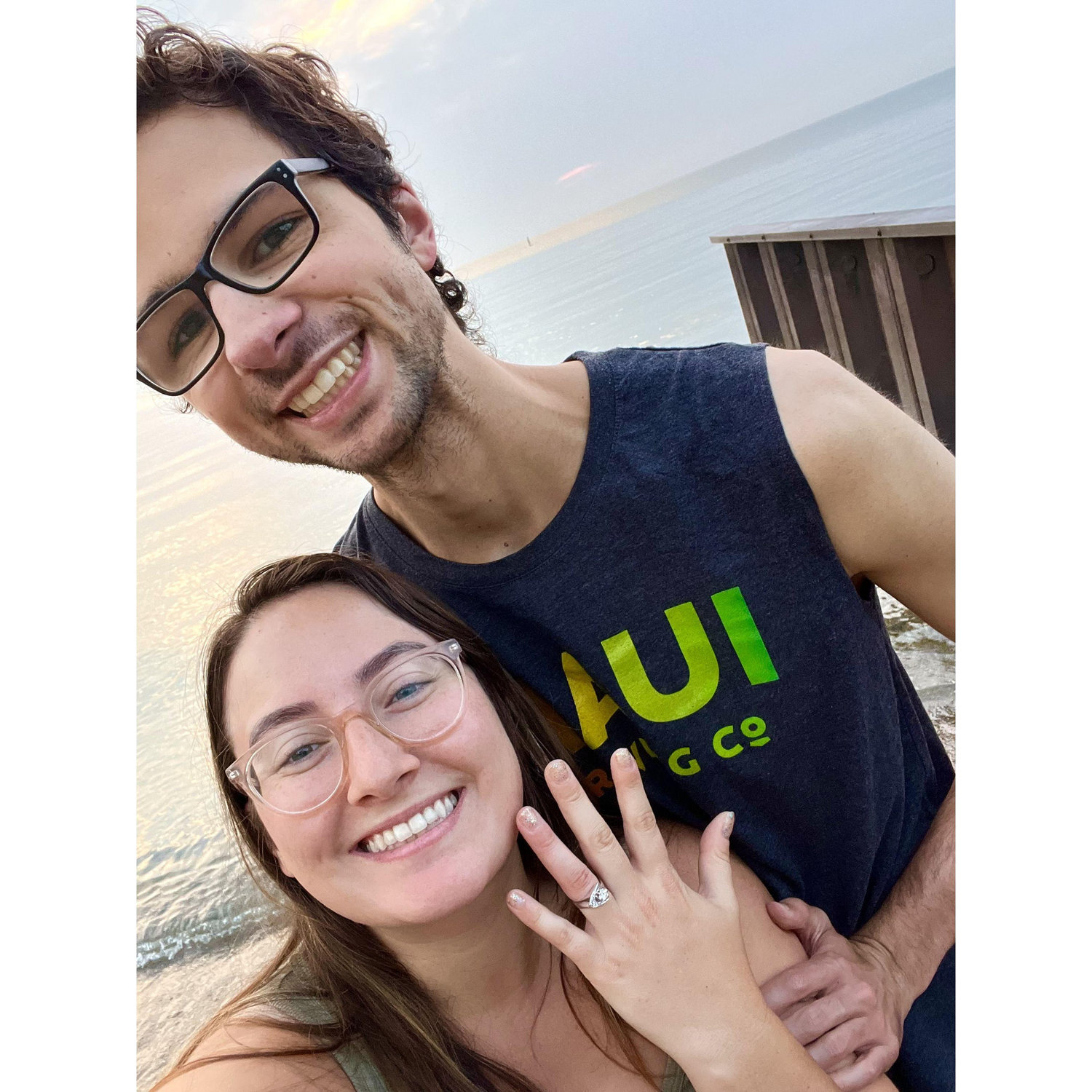 Engaged at 7 AM after getting up to catch the sunrise over Lake Huron