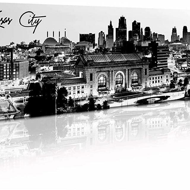Pictures for Bedroom Black and White Wall Art Kansas City Panoramic Cityscape Skyline Canvas Art Prints for Living Room Office Home Decor Framed and Ready to Hang 13.8"x47.3"