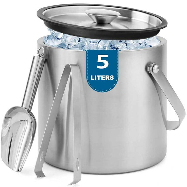 Berverra 5L Insulated Ice Bucket for Party,Portable Large Capacity Ice Buckets,Double-Wall Stainless stell Ice Container Keep Ice Cool,Champagne,Wine,Cocktail Beverage Bucket with Lid,Scoop & Tong