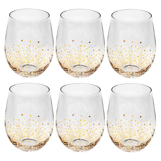 American Atelier Luster Stemless Goblet Set of 6 Made of Glass, Gold and Silver Confetti Design, Smooth Rim Wine Glasses, 16 oz.