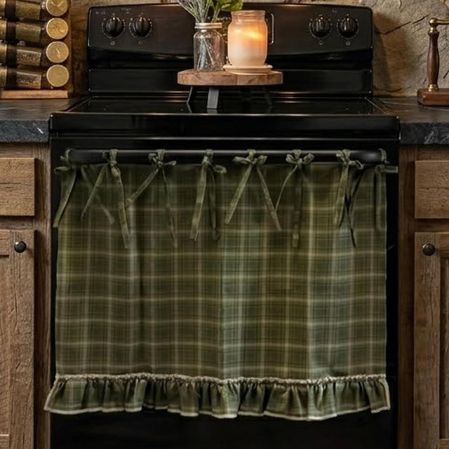 Handmade Oven Skirts, Farmhouse Kitchen Oven Curtain with Ribbon Ties, Embroidery Stove Curtain, Heat-Resistant Rustic Ruffled Ribbon Tie Ovens Skirt Effortless Install (Green,1 PCS)