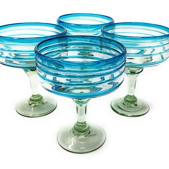 Mexican Hand Blown Glass – Set of 4 Hand Blown Margarita Glasses (16 oz) with Aqua Spiral Design