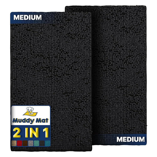 Muddy Mat® 2-Piece Black Medium 30"X19" AS-SEEN-ON-TV Highly Absorbent Microfiber Door Mat, Bath Mat and Pet Rug, Non Slip Thick Washable, Soft Chenille for Kitchen Bathroom Bedroom Indoor and Outdoor
