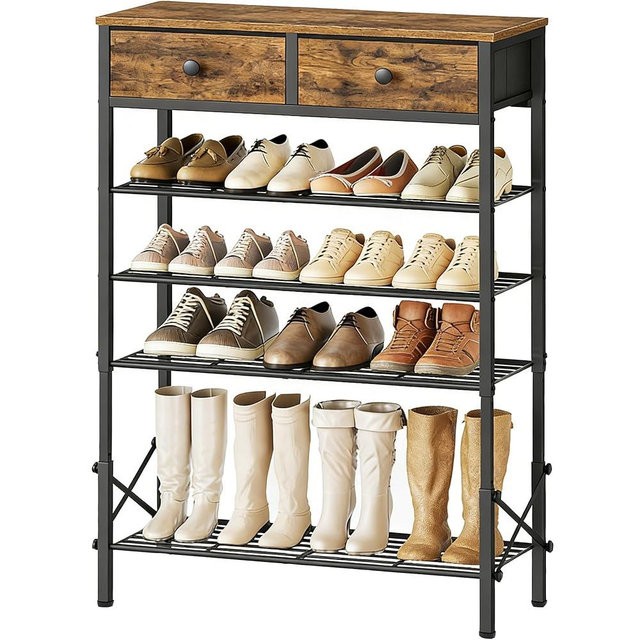 YATINEY 5 Tier Shoe Rack with Adjustable Height (37.4”-44.5”), Shoe Storage Shelf with 2 Non-Woven Drawers, Wooden Shoe Organizer for Entryway, Cloakroom, Rustic Brown and Black SS11BR