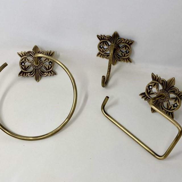 Bathroom Toilet Roll Holder Hand Towel Ring Robe Hook Antique Brass Floral Filigree Washroom Accessories