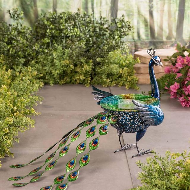 Vibrant Metal Peacock Birdbath with Glass Bowl