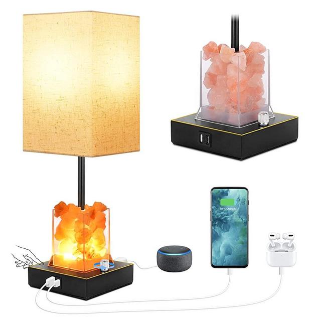 Dott Arts Touch Table Lamps with USB Ports, 3-Way Dimmable Bedside Nightstand Lamp with Salt Lamp,Table Lamps for Living Room Bedrooms Reading Room,Bulbs Included