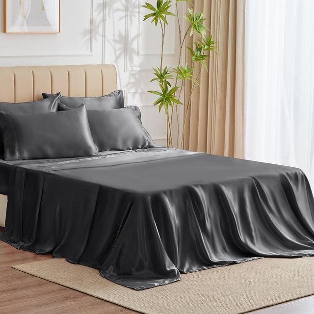 CozyLux Satin Sheets King Size - 6 Piece Dark Grey Bed Sheet Set with Silky Microfiber, 1 Deep Pocket Fitted Sheet, 1 Flat Sheet, and 4 Pillowcases - Smooth and Soft
