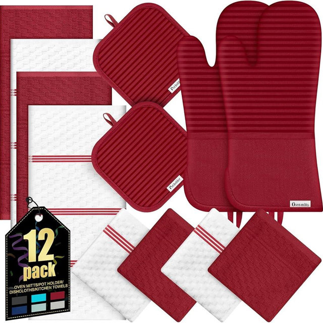 Oven Mitts Kitchen Towels and Dishcloths with Pot Holders Sets, Oven Gloves Hot Pads 500°F Heat Resistant with Silicone Grip, Include 2 Cooking Gloves/2 Potholders/4 Kitchen Towels/4 Dish Towels-Red