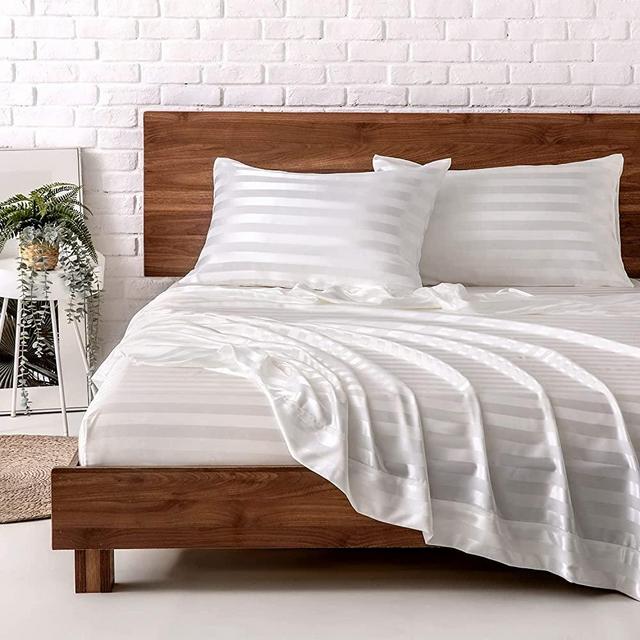 MR&HM Satin Bed Sheets, Queen Size Sheets Set, 4 Pcs Silky Bedding Set with 15 Inches Deep Pocket for Mattress(Queen, Ivory Striped)