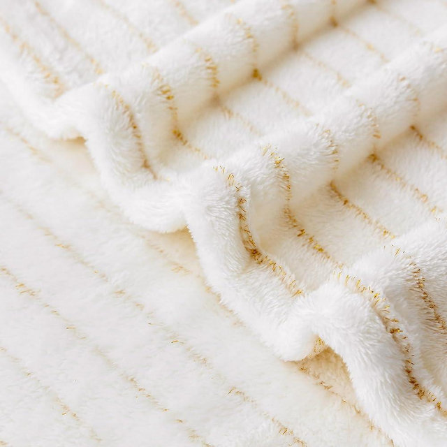 KORBLISS Super Soft Flannel Throw Blanket 50x60 Inches, Premium Gold Glitter Stripes Silky Fleece Lightweight Bed Blanket All Season Use, Ivory, 50"x60"