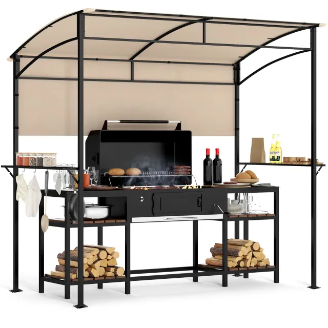 Costway 7.8 x 4.4 FT Grill Gazebo Outdoor Patio BBQ Canopy w/ Metal Shelves for Backyard