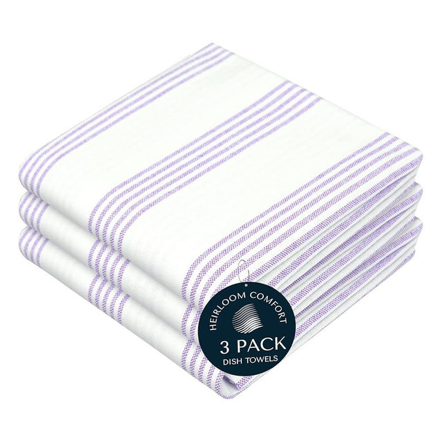 HEIRLOOM COMFORT Lavender Stripe Kitchen Towels, 3 Pack, 100% Cotton, Super Absorbent and Quick Dry, Multi Pin Striped Towel Set, Durable Dish Cloths for Kitchen Use, Cleaning & Drying Dishes