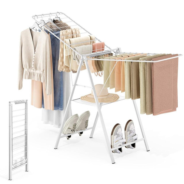 APEXCHASER Drying Rack Clothing, Clothes Drying Rack Foldable, Metal Laundry Drying Rack Collapsible for Sweater Towel Indoor Outdoor, Gullwing Clothes Rack Drying with Height Adjustable Rails, White