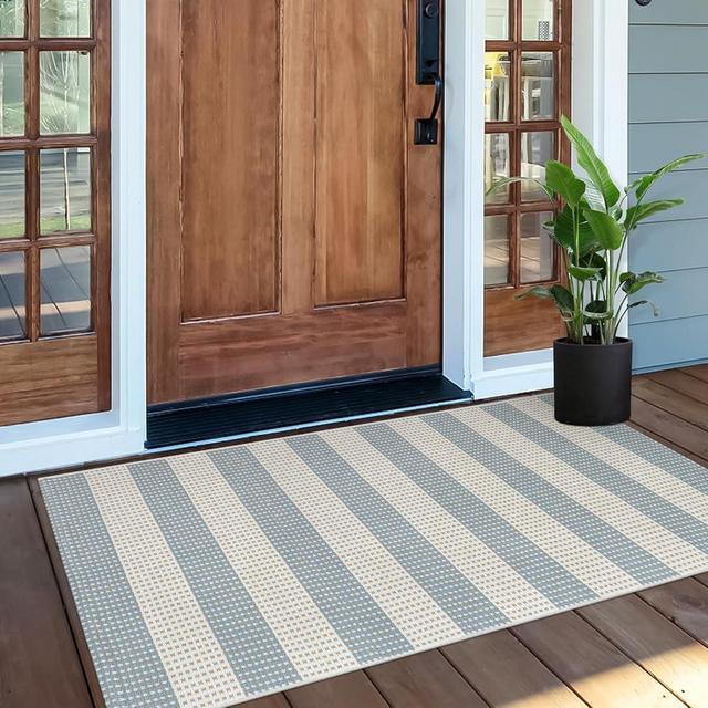 OJIA Outdoor Porch Rug Front Door Mat 24'x51, Washable Checkered Rug Blue and White Striped Front Door Rug Cotton Woven Kitchen Rugs Small Area Rugs for Entryway Patio Bedroom Bathroom