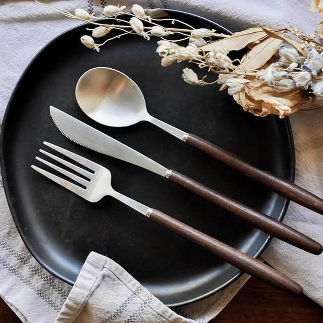 Lightweight Stainless Steel Flatware Set with Walnut (4 Sets, Plain)