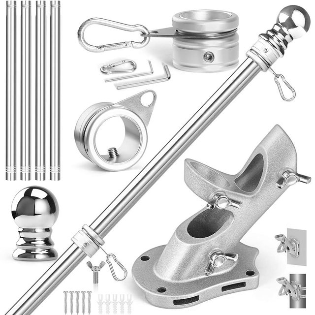 Anovo Flag Pole Kit- Upgraded Holder, Stainless Steel 5 FT Flag Poles with1 Inch Metal 360° Rotating Flag Pole Rings Two-Position Flag Pole Bracket Mounting for Outside House Porch (5 FT-Sliver)