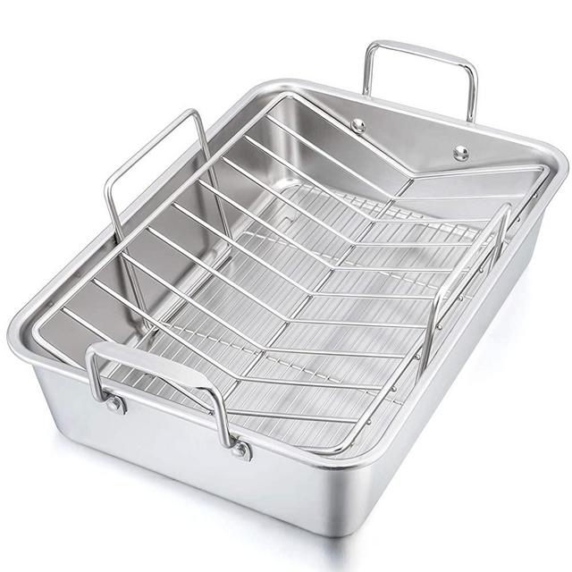15¼" Roaster Roasting Pan with Baking Rack and V-shaped Rack, P&P CHEF Stainless Steel Rectangular Lasagna Pan with Handles for Turkey Chicken, Heavy Duty & Healthy & Dishwasher Safe, 3 Pieces