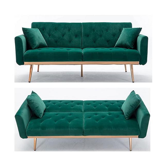 Velvet 3 Seat Sofa with Gold Legs, Modern Tufted Fabric Couch with 2 Small Pillows, Modern Loveseat Sofa Futon Sofa Bed, for Living Room and Bedroom (Green)