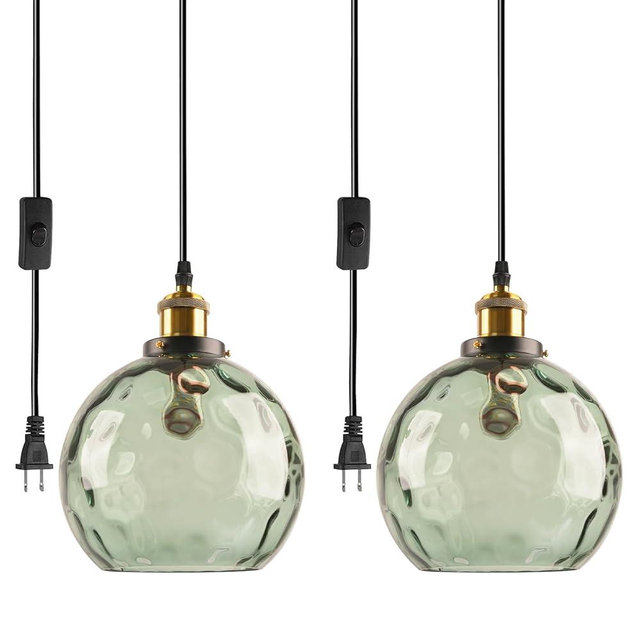 Pobllem Plug in Pendant Light Fixtures, Green Glass Pendant Lights Vintage Hanging Lamps with Hammered Glass Globe, Mid Century Brass Hanging Lights with Plug in Cord for Kitchen Bedroom 2 Pack