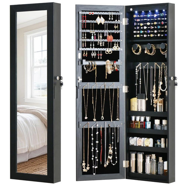 MASMIRE Full Length Mirror Jewelry Cabinet Organizer Lockable Door Wall-Mounted Jewelry Armoire with Shelves and Behind the Door Storage Black