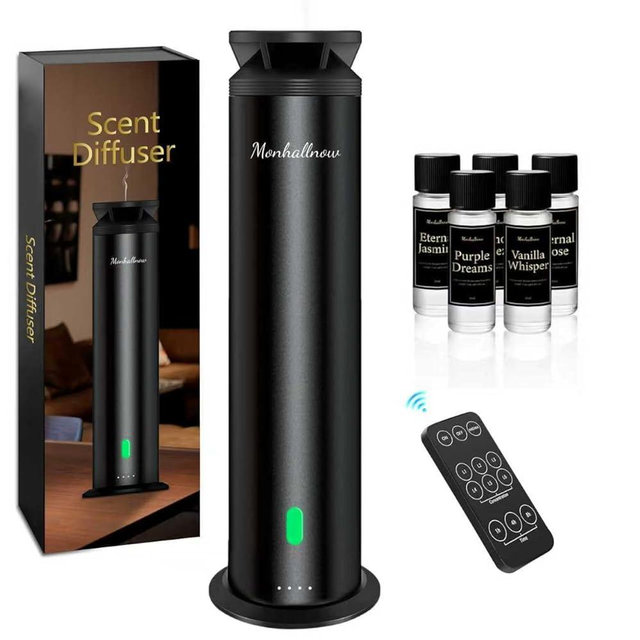 Monhallnow Waterless Scent Diffuser Starter Kit – 1000 Sq Ft Coverage, Suitable for Home & Hotel Series Diffuser, Includes 5 Scent Oils, Remote Control, Large Room Essential Oil Diffuser, Ultra Black