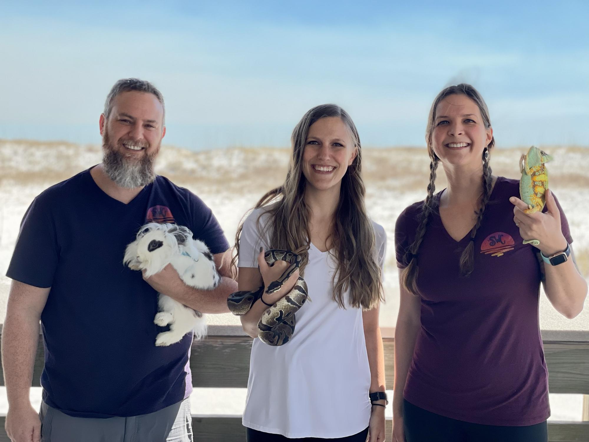 Tommy and Margaret (and co-founder Marissa) at an animal encounter for their nonprofit Sunset Wildlife Connection 2022
