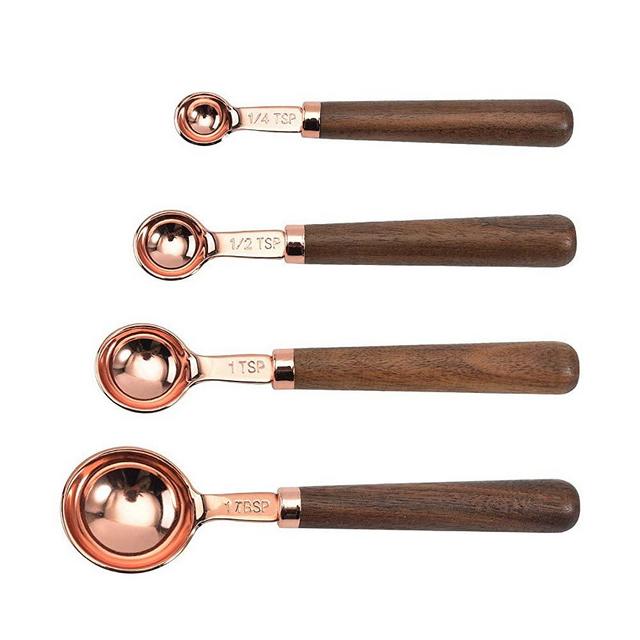 Measuring Spoons Stainless Steel Set of 4 - Rose Gold with Wood Handle Golden Baking Measuring Tools Measure Dry and Liquid Ingredients Walnut Coffee Scoop for Sugar Salt Powder Oil