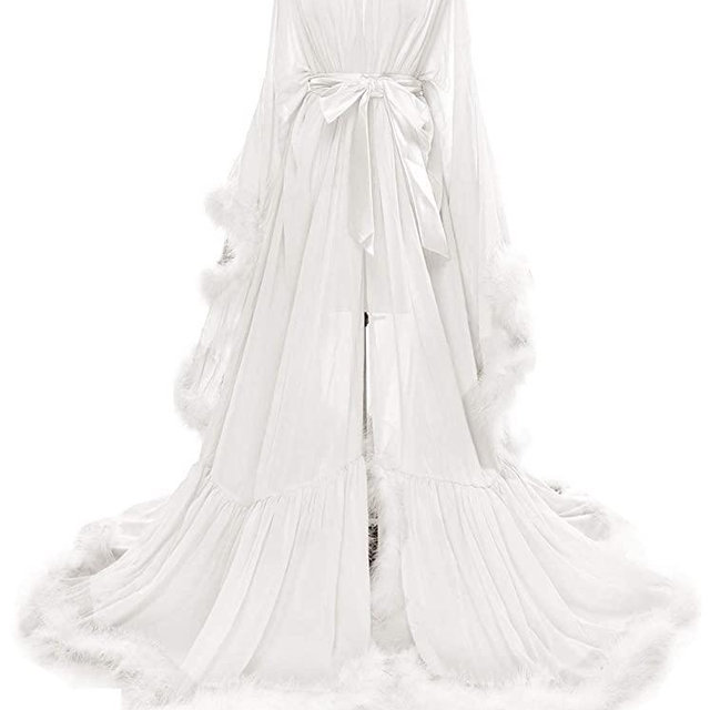 Molisa Women's Sexy Feather Bridal Robe Long Wedding Scarf Illusion Bathrobe Sleepwear Lingerie Robe Nightgown