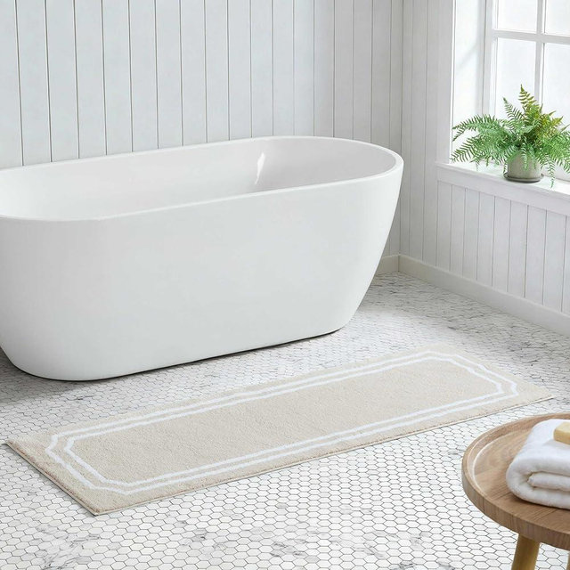 Martha Stewart – Bath Rug, Plush 100% Yarn-Dye Knit Rug, Soft Cushioned Feel Bathroom Rug with Skid-Resistant Latex Rubber Backing (Skylands Border Linen/White, 60" x 22")