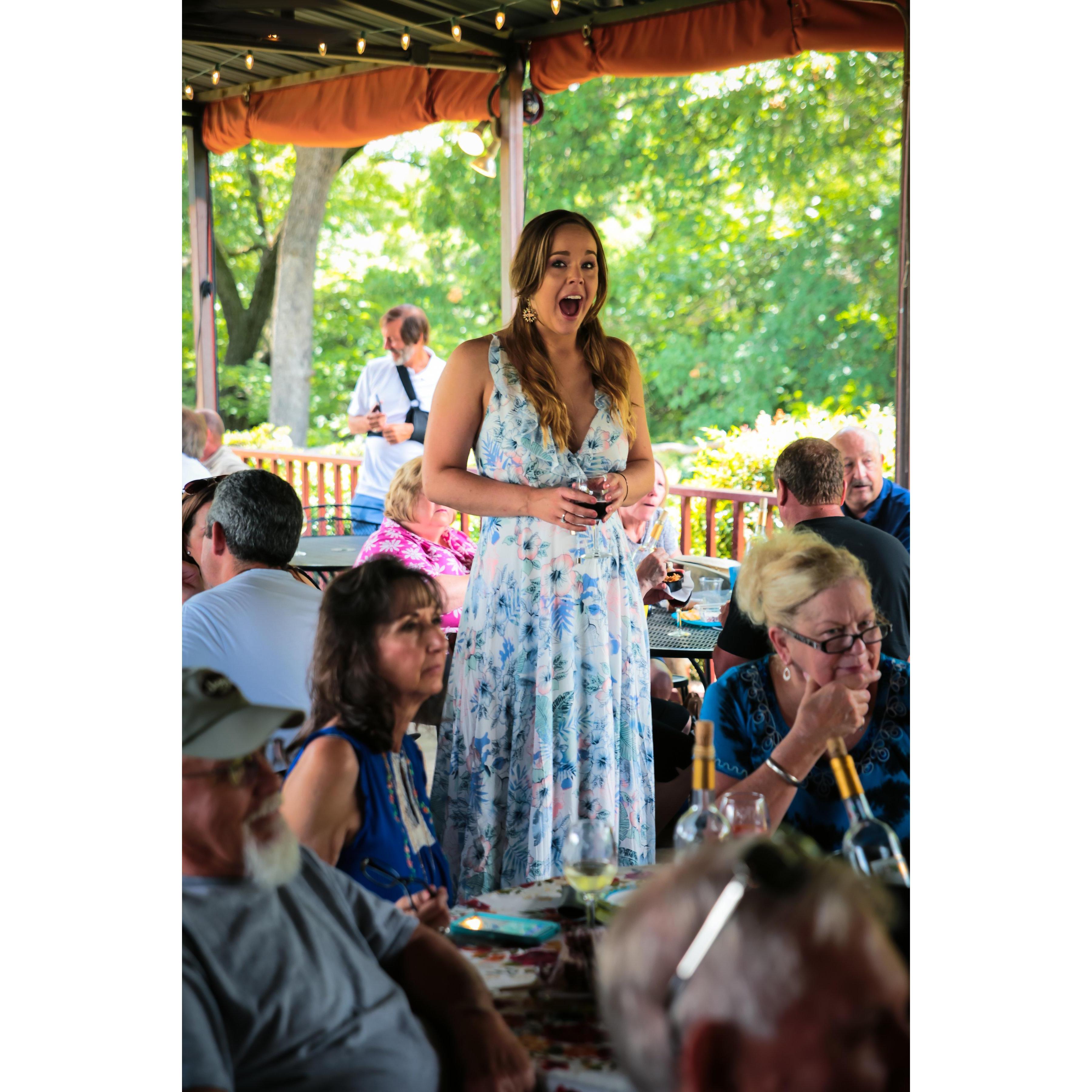 At the Lost Oak party when I saw Rhi, our (favorite!) photographer, and realized what was happening!