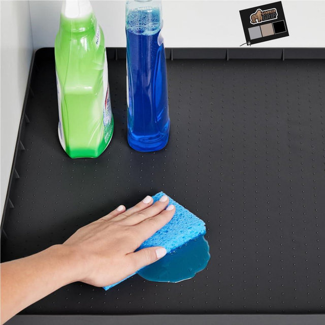 Gorilla Grip Waterproof Silicone Under Sink Mat with Raised Lip for Kitchen and Bathroom, 34 x 22 in, Cabinet Shelf Liner Stay in Place Mats Dishwasher Safe Drawer Liner, Organizer Tray, Black