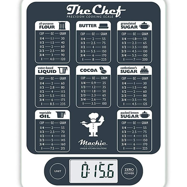 Mackie The Chef Food Scale Digital Kitchen Scale Easy Precision for Cooking Baking Meal Prep, Baking Conversion Table an American Co. Grey and White