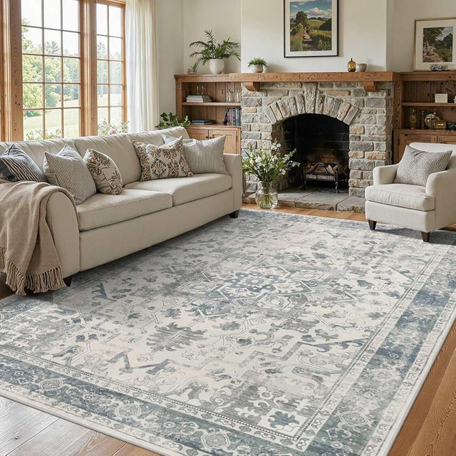 Rugxara Area Rugs 5x7, Washable Rugs for Living Room, Vintage Boho Light Blue Rug for Office, Dining Room, Kids Room and Farmhouse, Durable Low Pile Non-Slip Area Rug for High Traffic Areas