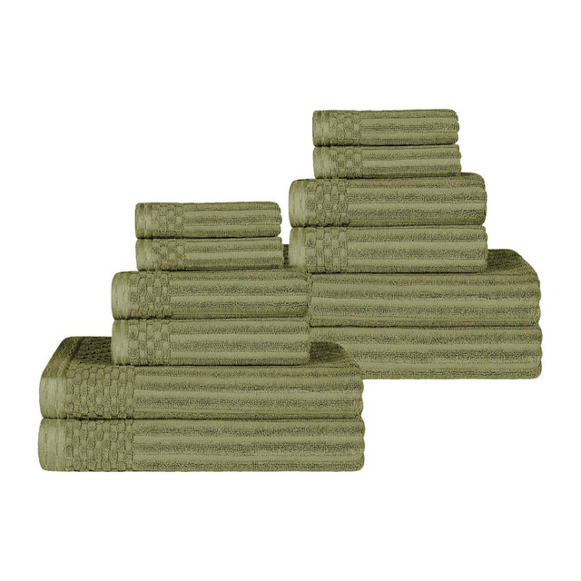 Cotton Highly Absorbent 12-Piece Solid and Checkered Border Towel Set, Sage - Blue Nile Mills