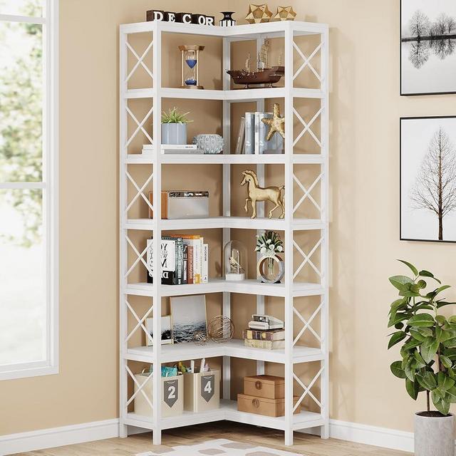 Tribesigns 7-Shelf Corner Bookshelf,Large Modern Corner Bookcase, 7-Tier Tall Corner Shelf Storage Display Rack with Metal Frame for Living Room Home Office (White)