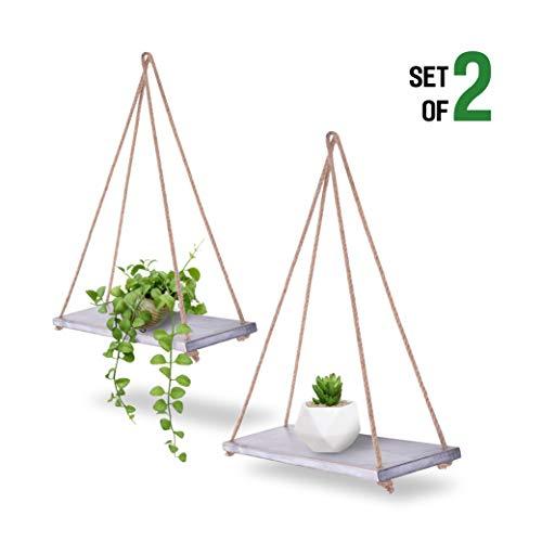 ASLINY [Set of 2 Distressed Wood Hanging Swing Rope Floating Shelves (Rustic White)