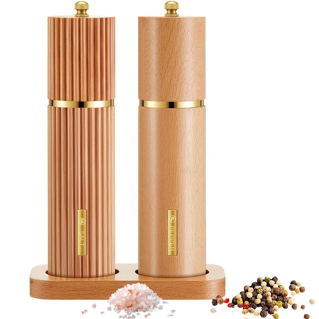 LOYIM Wooden Salt and Pepper Grinder Set 8" Refillable Wooden Manual Salt and Pepper Mill Set with Adjustable Coarse Settings Rust Resistant Smooth Quality Grinding Mechanism (Fluted and Smooth,Wood)