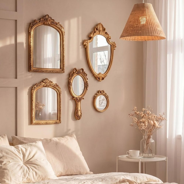 BrightRow 5 Pcs Vintage Gold Mirror Luxury Set Small Gold Mirrors Gallery Wall Mirror Hanging Antique Art Decor for Wall Living Room Entryway Assorted Sizes (13in/8in/7in/4in,Classic Style)