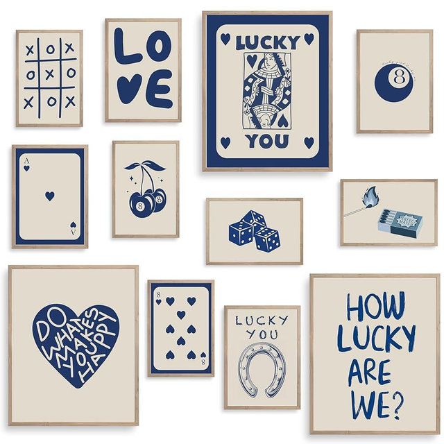 TwoDays Blue Lucky Wall Decor, Trendy Poker Posters for Room Aesthetic, Cool Queen of Hearts Room Decor for Dorm Bedroom, Funky Wall Art Prints .(Multi Sizes, 8" X 10" Largest, Set of 12, UNFRAMED)